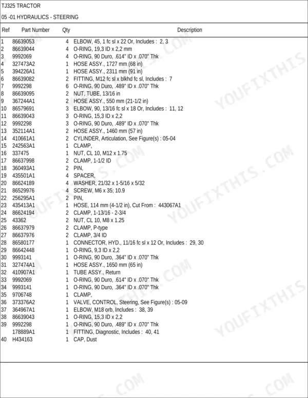New Holland TJ325 parts list for steering hydraulics, including hose assemblies, fittings, O-rings, and steering control valve.