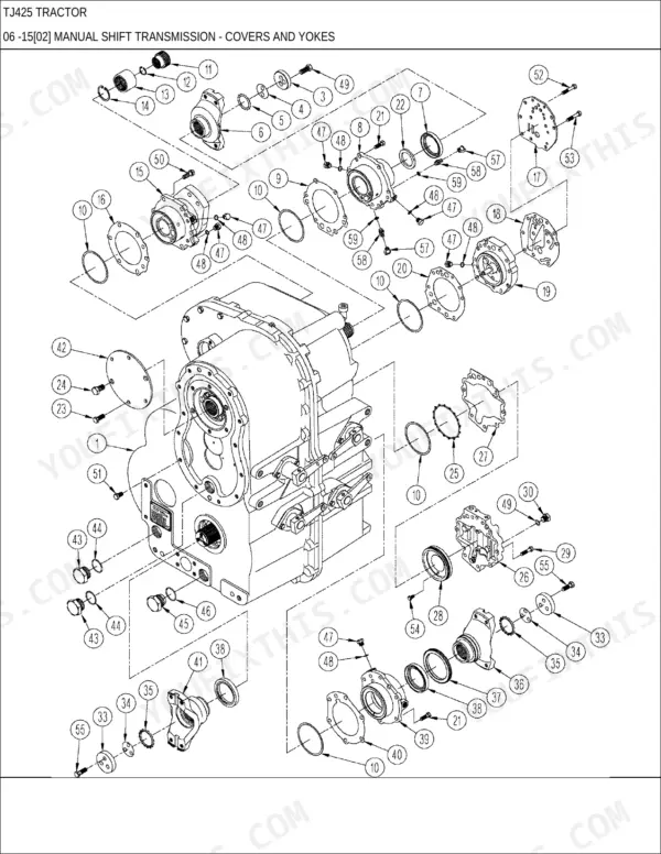 New Holland TJ425 manual shift transmission exploded view showing covers, yokes, gaskets, and hardware components.