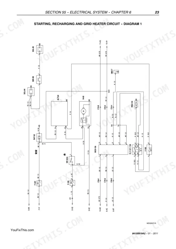 New Holland TK4020, TK4030, TK4040, TK4050, TK4060 electrical wiring diagram for starting, recharging, and grid heater.