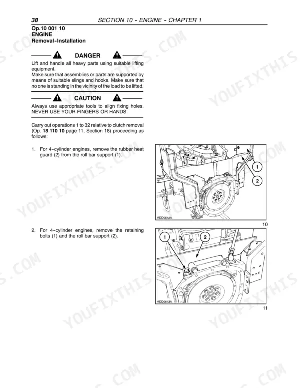 New Holland TK76, TK85, TK85M, TK65, TK75, TK95 engine removal procedure showing roll bar support and heat guard removal.