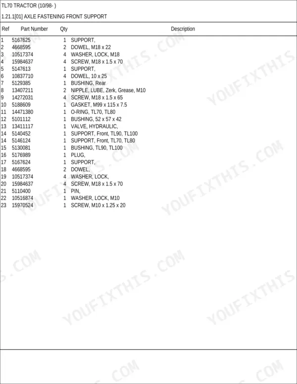 New Holland TL70 parts catalog - TL70 Tractor (10/98- )