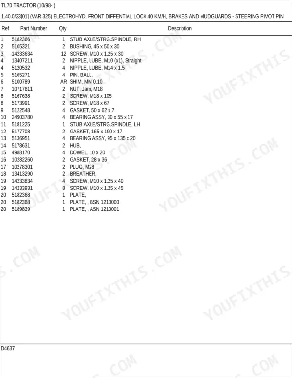 New Holland TL70 parts catalog - TL70 Tractor (10/98- )