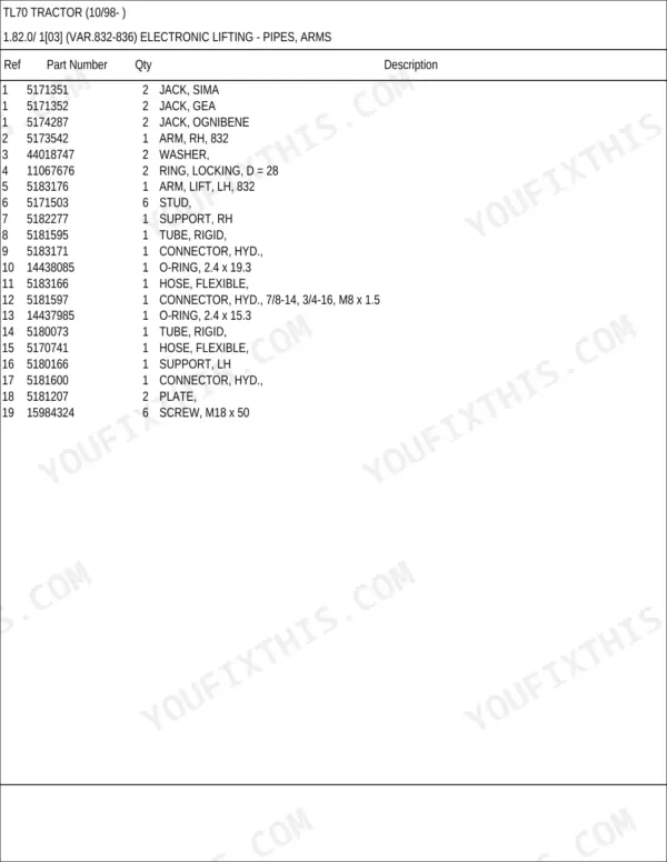 New Holland TL70 parts catalog - Hydraulics, TL70 Tractor (10/98- )