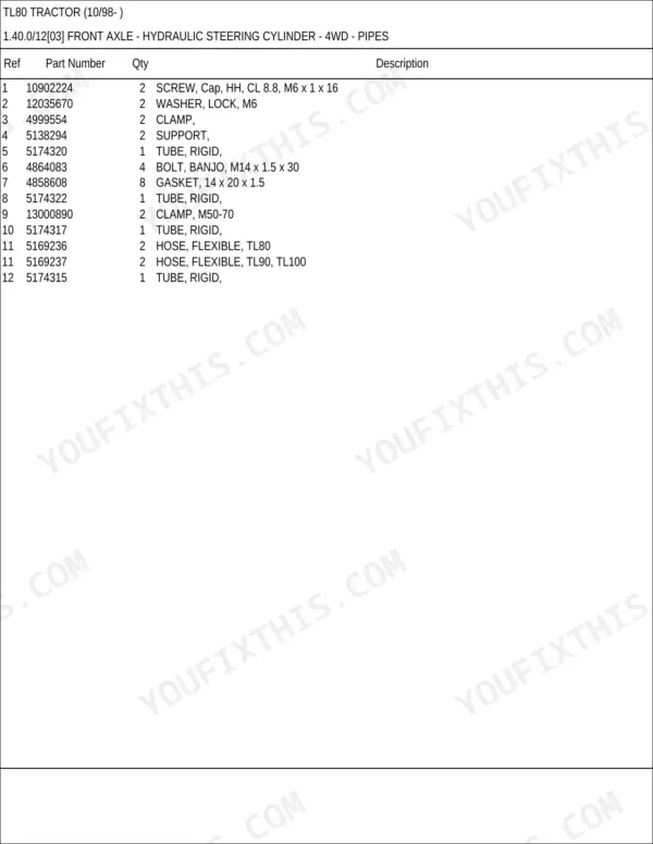 New Holland TL80 parts catalog - Front Axle, TL80 Tractor (10/98- )