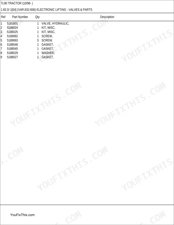 New Holland TL90 parts catalog - TL90 Tractor (10/98- )