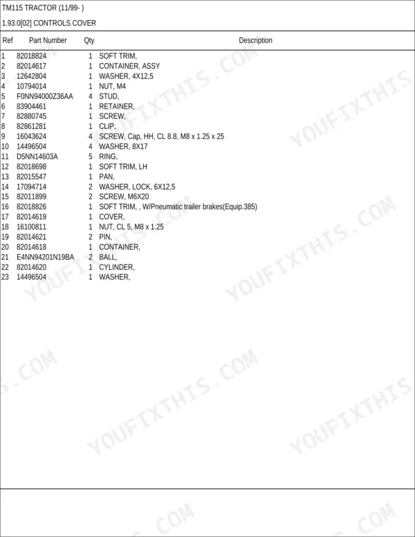 New Holland TM115 parts catalog - Driver's Compartment, TM115 Tractor (11/99- )