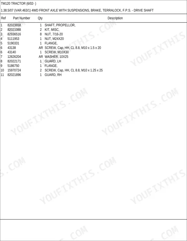 New Holland TM120 parts catalog - Front Axle, TM120 Tractor (6/02- )