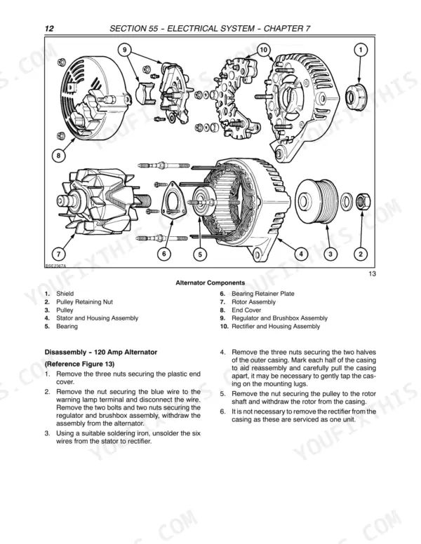New Holland TM120-TM190 repair manual — exploded view of the 120 amp alternator with numbered components