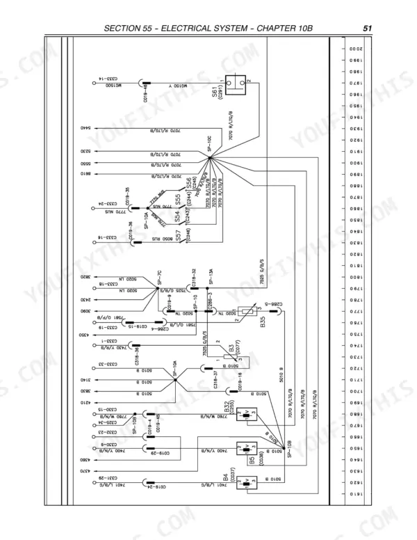 New Holland TM120-TM190 repair manual — full-sheet wiring diagram with connector, splice and wire colour codes