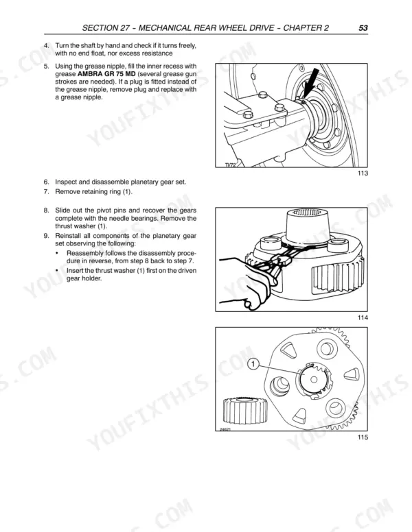 New Holland TM120-TM190 repair manual — planetary final drive teardown with grease point and thrust washer detail