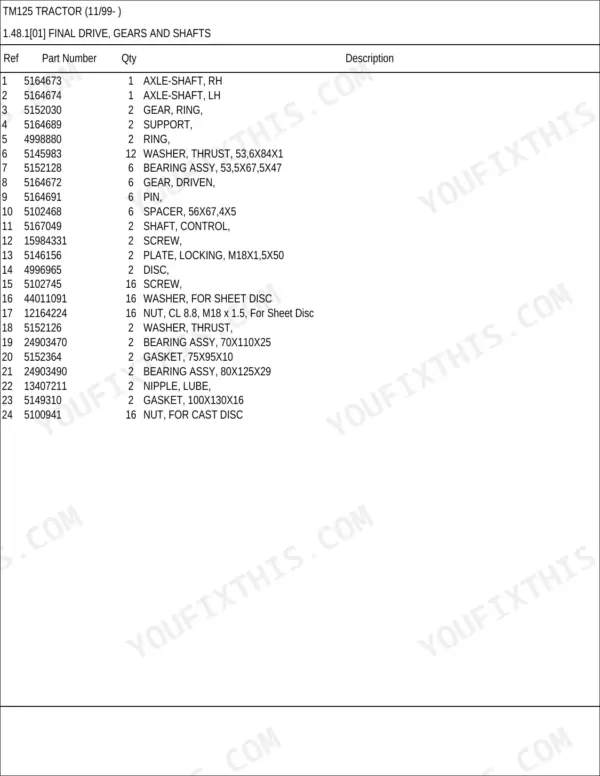 New Holland TM125 parts catalog - Rear Axle, TM125 Tractor (11/99- )