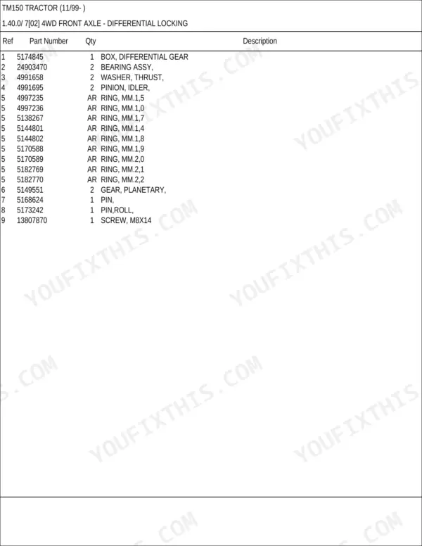 New Holland TM150 parts catalog - Front Axle, TM150 Tractor (11/99- )