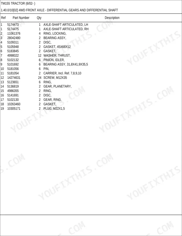 New Holland TM155 parts catalog - Front Axle, TM155 Tractor (6/02- )