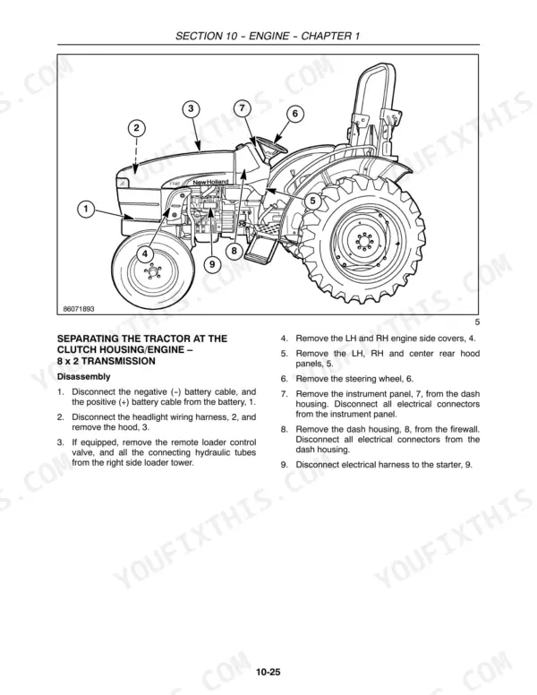 New Holland TT45A, TT50A tractor disassembly procedure for separating the engine from the 8x2 transmission clutch housing.