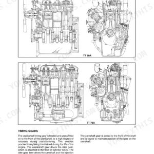 New Holland TT60A, TT75A engine cross-section diagrams showing timing gear components and assembly procedures.
