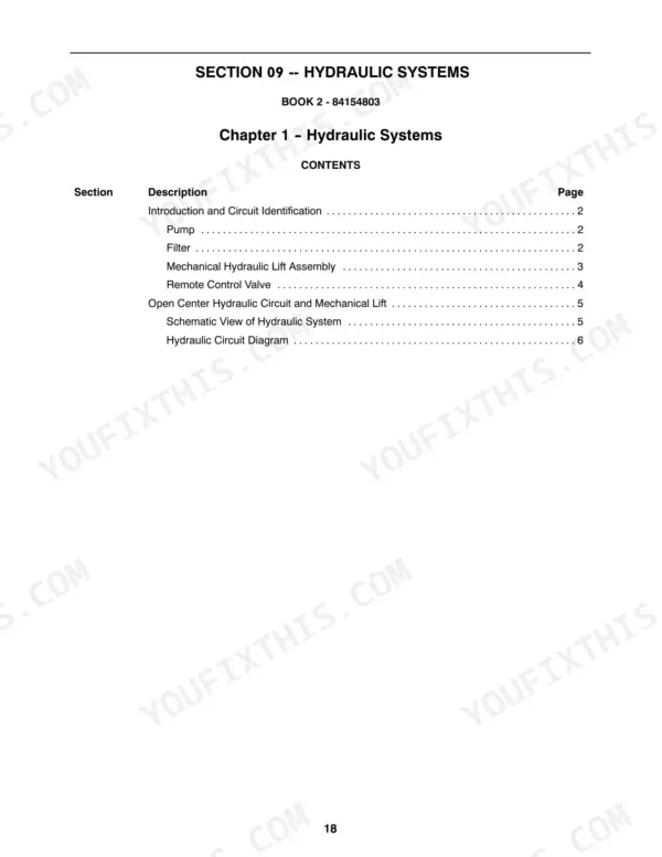 New Holland TT60A, TT75A service manual table of contents for Section 09 Hydraulic Systems, Book 2 84154803.