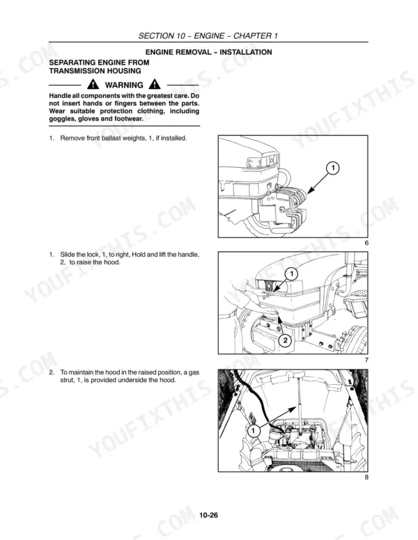 New Holland TT60A, TT75A engine removal procedure: removing ballast weights, opening hood, and gas strut support.
