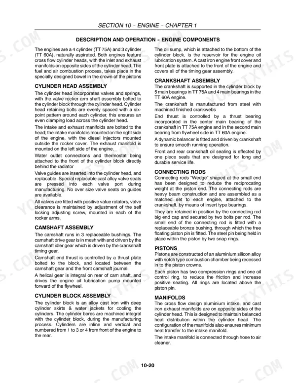 New Holland TT60A, TT75A engine components description, including cylinder head, crankshaft, connecting rods, pistons, and manifolds.
