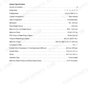 New Holland TV140 engine specifications page listing cylinder count, firing order, displacement and rated power