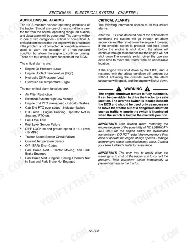 New Holland TV140 instrument cluster error code listing page