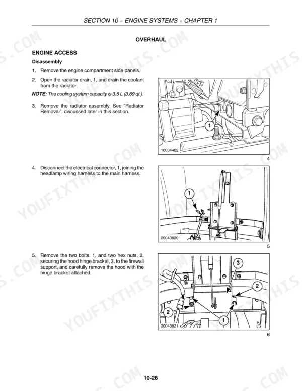 New Holland TZ18DA, TZ22DA, TZ24DA, TZ25DA engine access disassembly procedure, including radiator and hood removal steps.