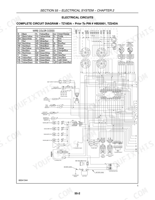 New Holland TZ18DA, TZ22DA, TZ24DA, TZ25DA electrical circuit diagram showing wire color codes and components.