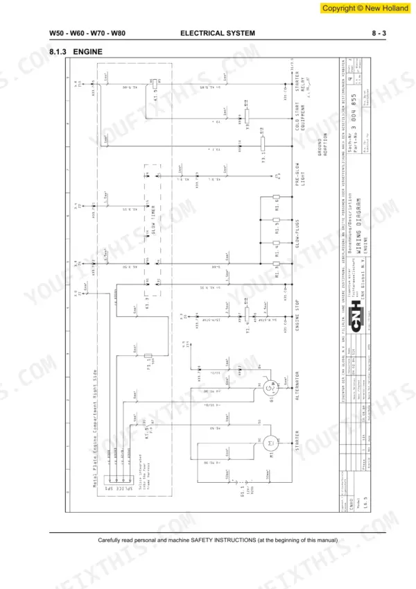 New Holland W50, W60, W70, W80, L6.5, P4xxx engine electrical system wiring diagram showing starter, alternator, and glow plugs.