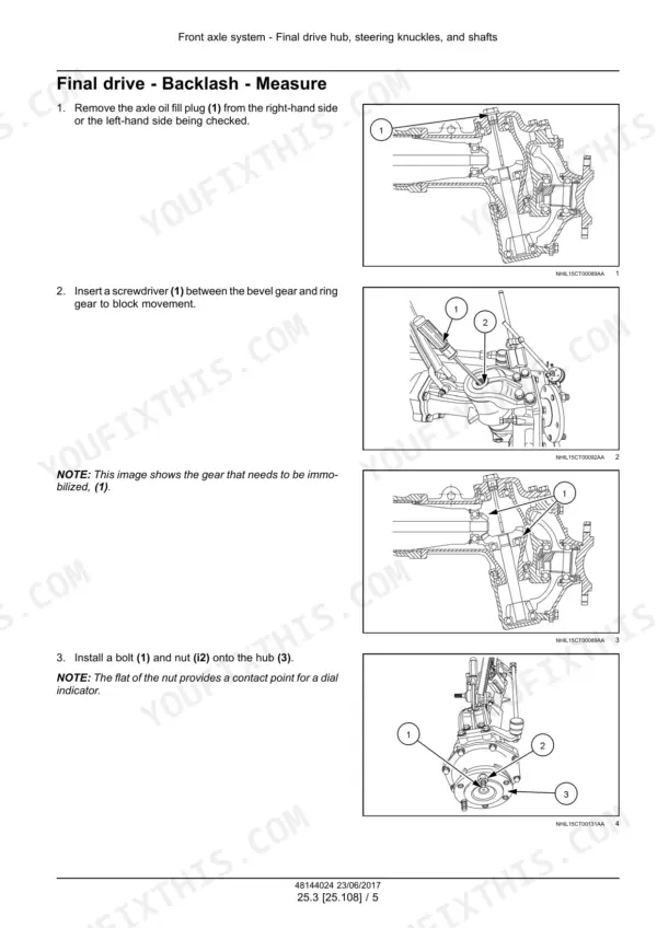 New Holland Workmaster 35 service manual - Front Axle System, Final drive - Backlash - Measure