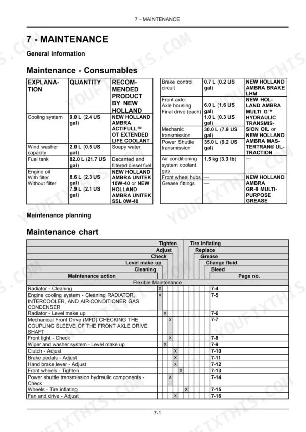 New Holland Workmaster 55, 65, 75 maintenance table showing fluid capacities, consumables, and service chart.