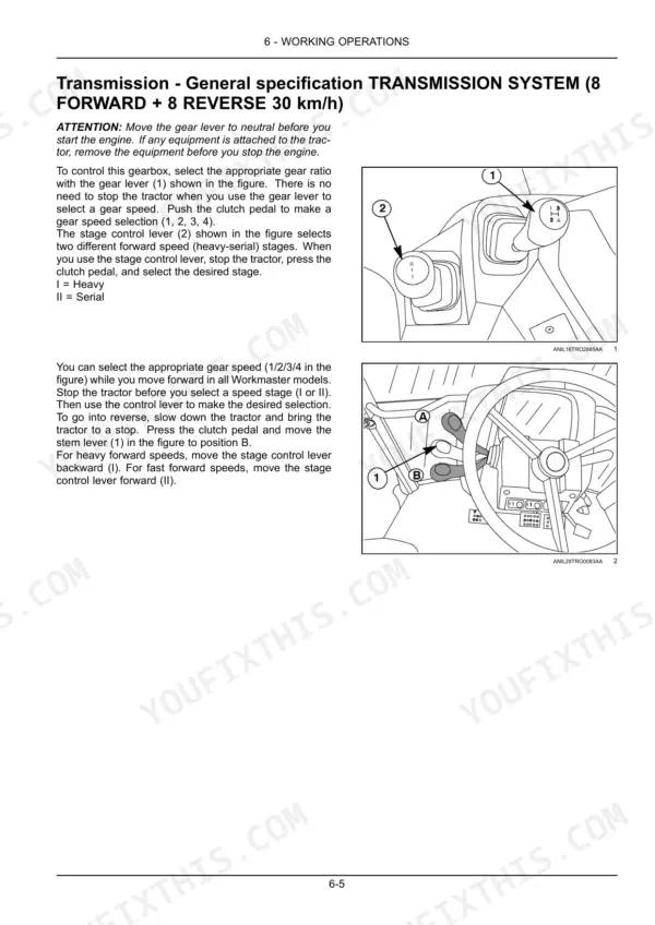 New Holland Workmaster 55, 65, 75 transmission operation guide showing gear and stage control lever diagrams.