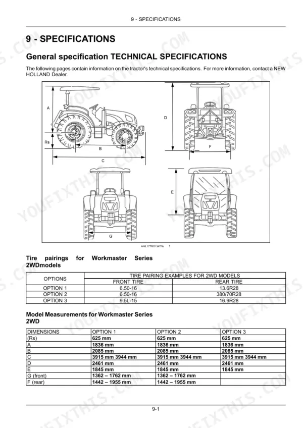 New Holland Workmaster 55, 65, 75 tractor dimensions diagram and 2WD tire pairing specification tables.