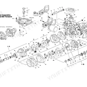 New Holland YT12.5, YT14, YT16, YT16H, YT18H, 09GN-2155, 9607430, 9801250, 9809209, 09GN-2151, 09GN-2152, 09GN-2153, 9607431, 9800686, 09GN-2198, 09GN-2199, 9607432, 9607481, 9800687, 9607482, 9800688, YT16 H, YT18 H, 09GN-2154, Yard Tractor, 16 H.P. Yard Tractor (Gear Drive), YT 16 Gear Drive: Exploded view diagram of Eaton Model 850 transaxle components.