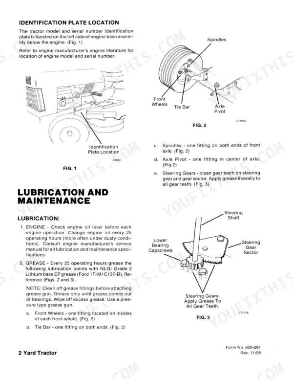 New Holland YT12.5-YT18H manual: ID plate location, front axle lubrication points, and steering gear maintenance diagrams.