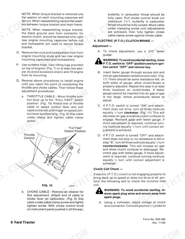 New Holland YT12.5-YT18H manual: engine removal, throttle/choke cable adjustment, and electric PTO clutch/brake adjustment procedures.