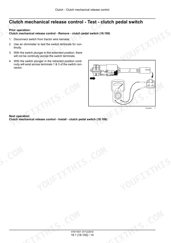 New Holland Boomer 40 and 50 clutch mechanical release control test procedure.