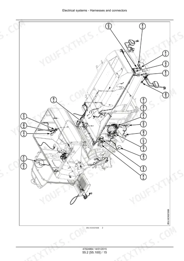 New Holland CX5080 to CX6090 wiring harness routing drawing on the machine.