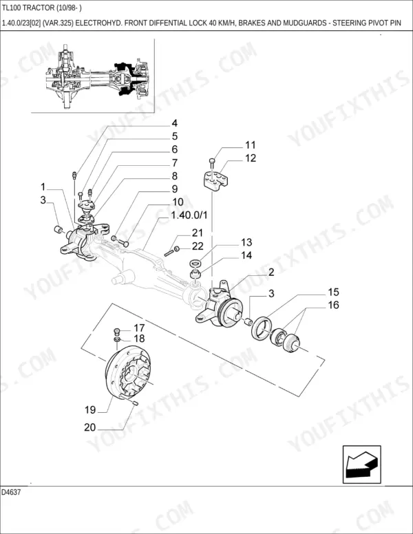New Holland TL100 electrohydraulic front differential lock parts drawing.