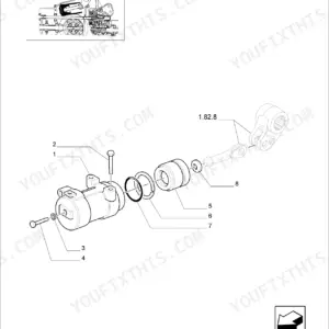 New Holland TL100 exploded parts drawing of the hydraulic lift cylinder and piston.