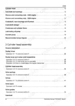 perkins-2300-series-6-cylinder-turbocharged-diesel-engine-shop-manual-tsd3455e-page-4.webp Perkins 2300, 2306A-E14, 2306C-E14 table of contents for cylinder head assembly and engine components.