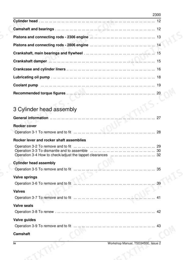 Perkins 2300, 2306A-E14, 2306C-E14 table of contents for cylinder head assembly and engine components.