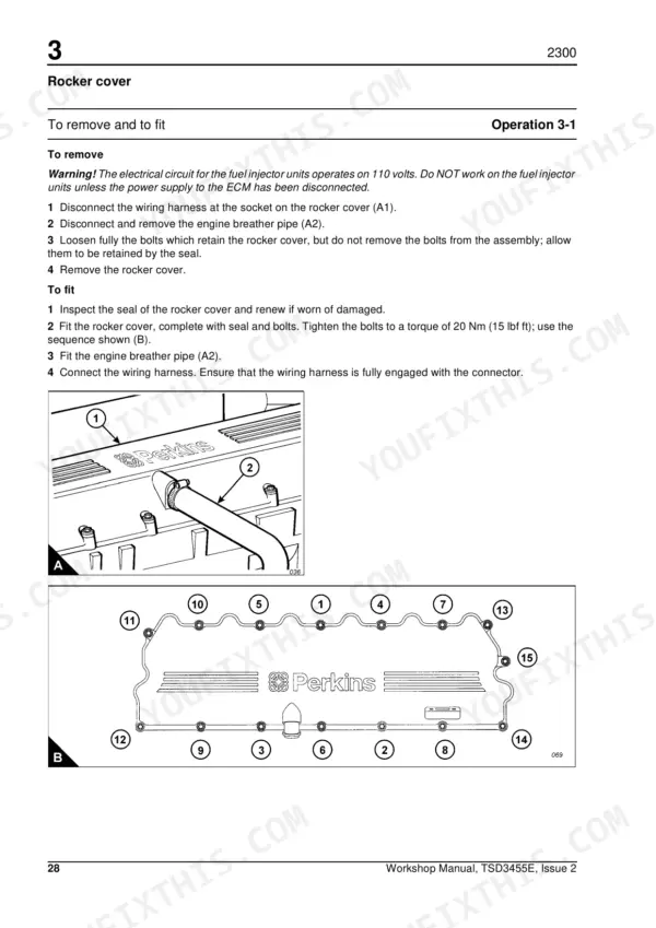 Perkins 2300, 2306A-E14, 2306C-E14 rocker cover removal and installation procedure with bolt tightening sequence diagram.