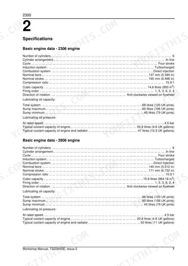 Perkins 2300, 2306A-E14, 2306C-E14 engine specifications table for 2306 and 2806 models including bore, stroke, and oil capacity.