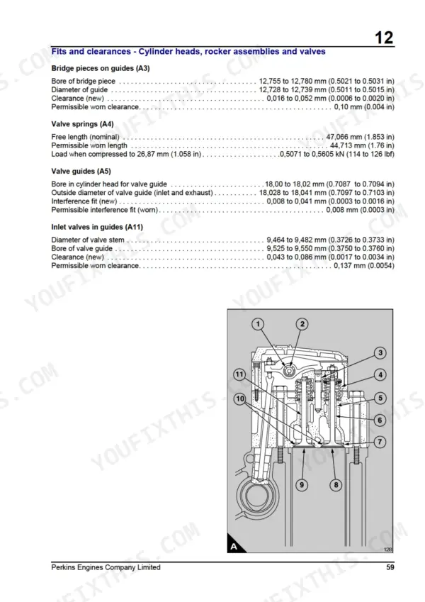 Perkins 3012, CV12 cylinder head, valve, and rocker assembly fits and clearances table with component diagram.