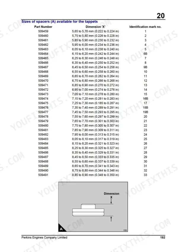 Perkins 3012, CV12 table of tappet spacer part numbers, dimensions, and identification marks with diagram.