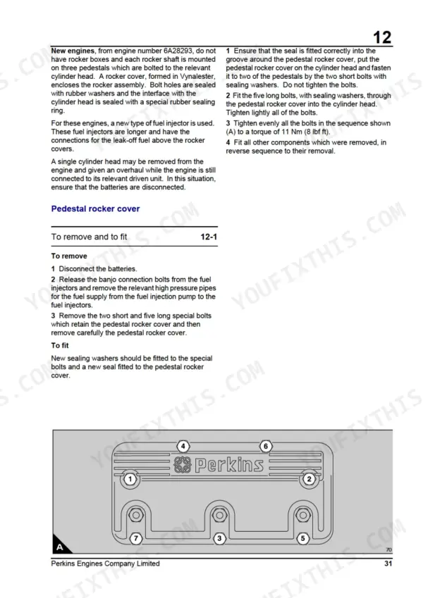 Perkins 3012, CV12 pedestal rocker cover removal, installation, and bolt tightening sequence diagram.