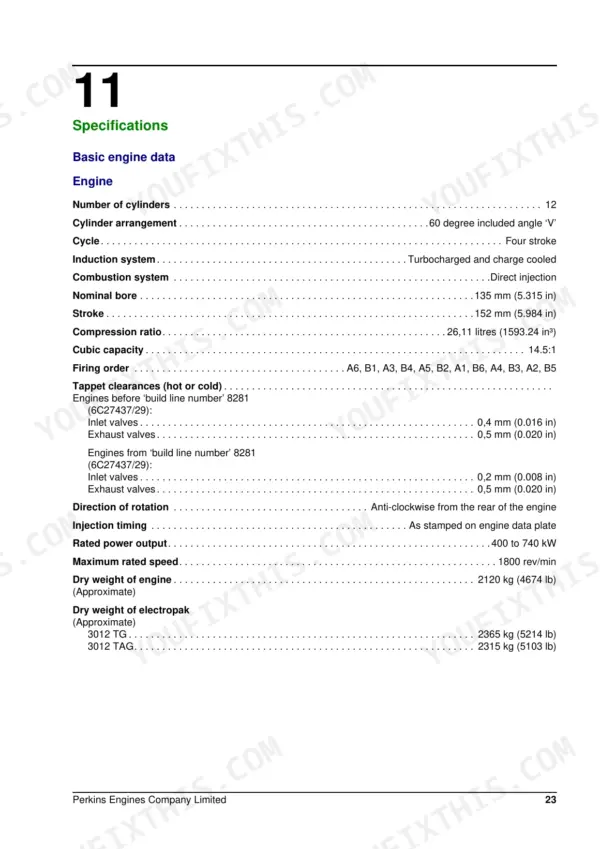Perkins 3012, CV12 engine specifications table including bore, stroke, firing order, and tappet clearance data.