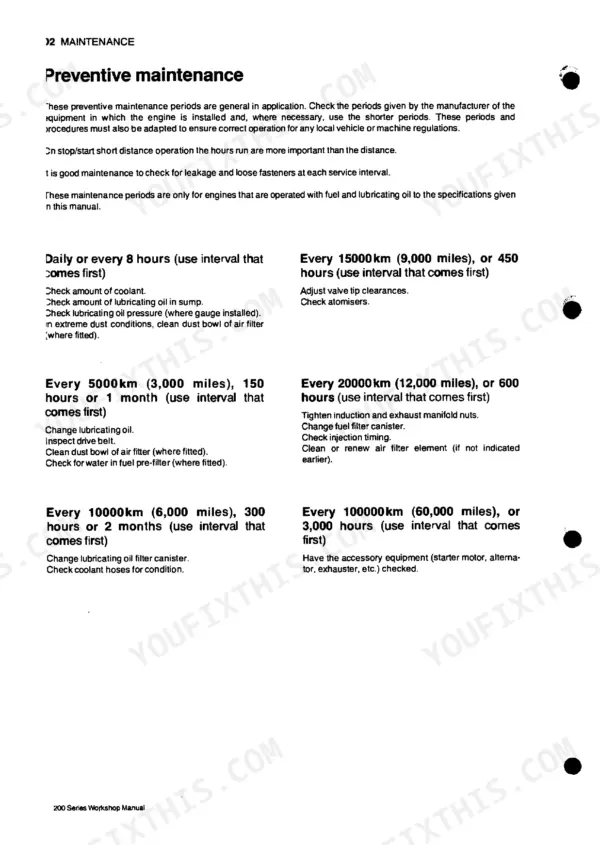 Perkins 4.135, 4.154, 4.182 preventive maintenance schedule listing service intervals and tasks by hours and mileage.