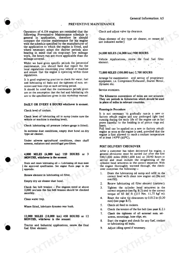 Perkins 4.154 preventive maintenance schedule, running-in procedure, and post-delivery checkover service requirements.