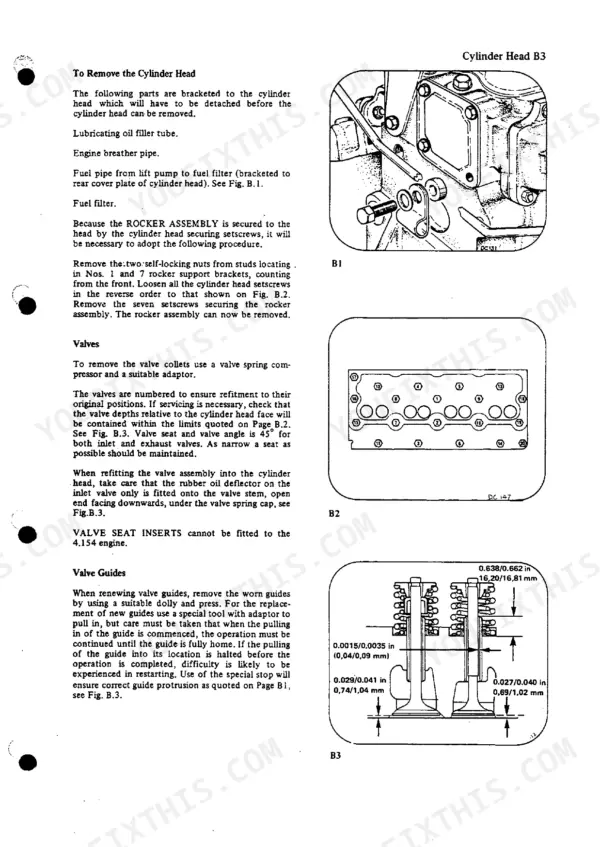 Perkins 4.154 cylinder head removal, rocker assembly, valve removal, and valve guide clearance procedures with diagrams.