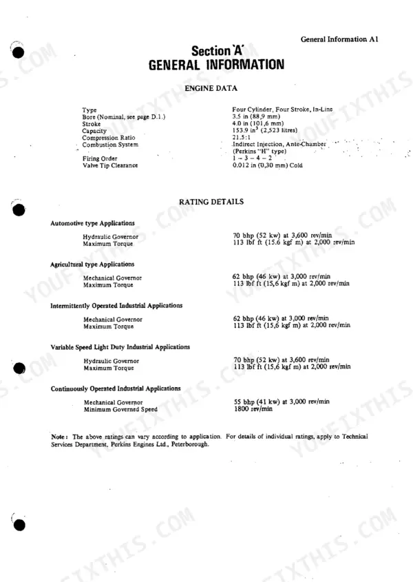 Perkins 4.154 engine data table showing bore, stroke, compression ratio, firing order, and application rating details.